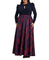 Mac Duggal Plus Long Sleeve Keyhole Knot Neck Floral Bottom Gown