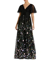 Mac Duggal Women's Embellished Illusion Butterfly Sleeve V Neck Gown