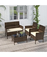 Gymax 4 Piece Outdoor Wicker Furniture Set Patio Rattan Conversation Set w/ Table