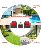 Gymax 3 Piece Outdoor Patio Rattan Conversation Furniture Set w/ Cushions & Coffee Table