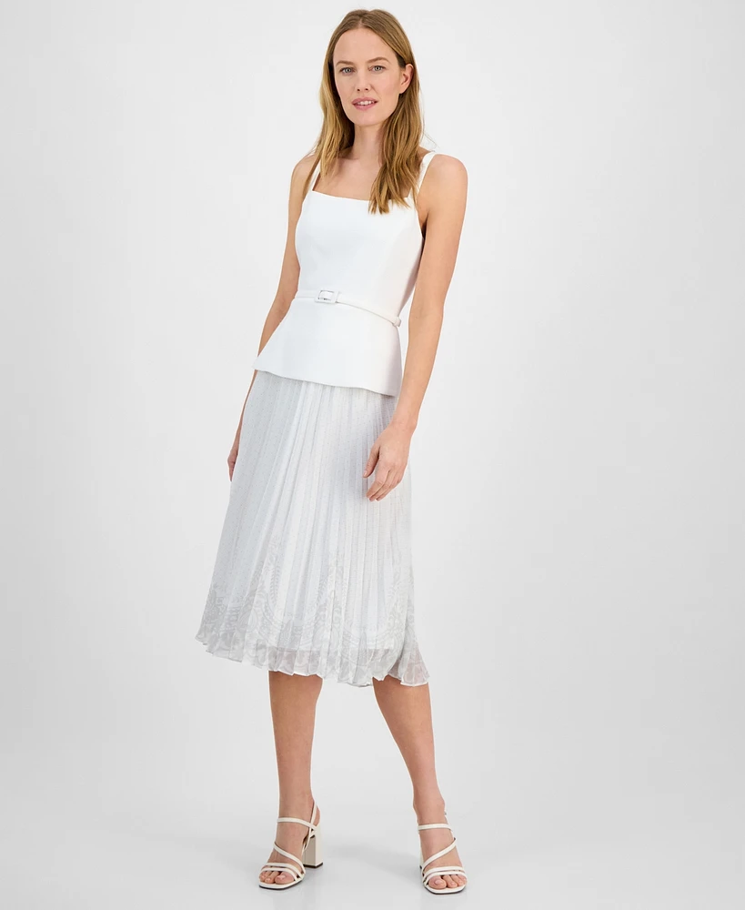 julia jordan Women's Sleeveless Belted Mix-Media Dress