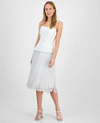 julia jordan Women's Sleeveless Belted Mix-Media Dress