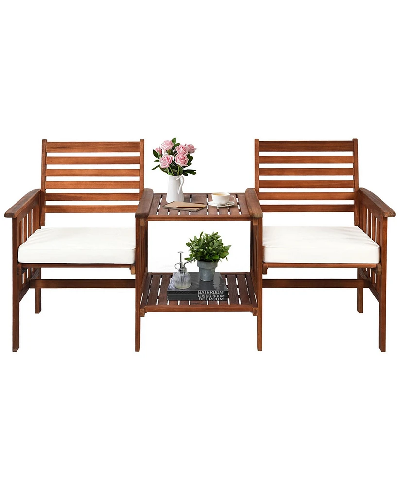 Gymax Patio Outdoor Conversation Set Acacia Wood Loveseat w/ Cushion Table