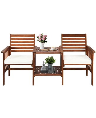 Gymax Patio Outdoor Conversation Set Acacia Wood Loveseat w/ Cushion Table