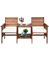 Gymax Patio Outdoor Conversation Set Acacia Wood Loveseat w/ Cushion Table