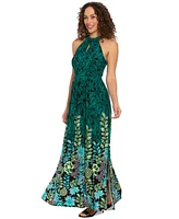 London Times Petite Placement-Print Halter Maxi Dress