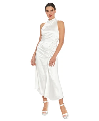London Times Petite Satin Side-Ruched Cowlneck Midi Dress