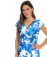 London Times Petite Floral Flutter-Sleeve Ruffle Dress