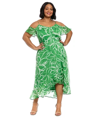 London Times Plus Printed Cold-Shoulder Ruffle Dress