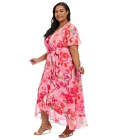 London Times Plus Floral Flutter-Sleeve Ruffle Dress