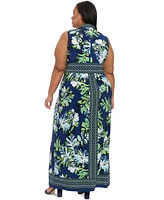 London Times Plus Border-Print V-Neck Maxi Dress