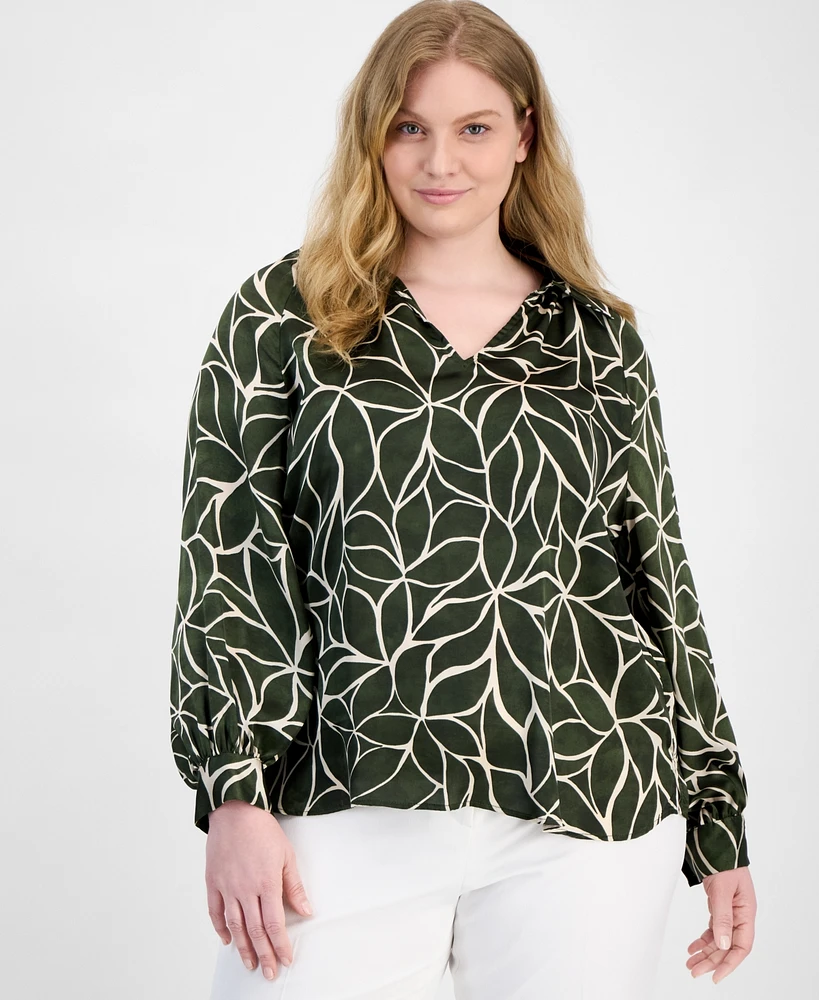 Vince Camuto Plus Printed Split-Neck Blouson-Sleeve Top