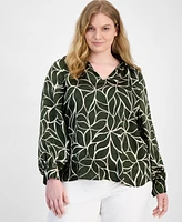 Vince Camuto Plus Printed Split-Neck Blouson-Sleeve Top