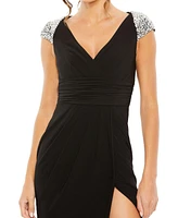 Mac Duggal Women's V Neck Embellished Cap Sleeve Faux Wrap Slit Gown