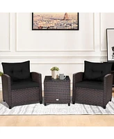 Gymax 3PCS Outdoor Patio Rattan Conversation Set Garden Yard w/ Cushions Coffee Table
