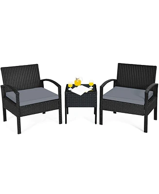 Gymax 3 Piece Outdoor Patio Rattan Conversation Furniture Set Yard w/ Cushions & Coffee Table