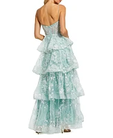 Mac Duggal Women's Spaghetti Strap Applique Tiered Ruffle Gown