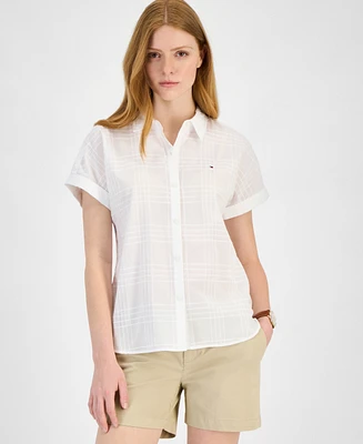Tommy Hilfiger Women's Cotton Tonal-Plaid Short-Sleeve Shirt