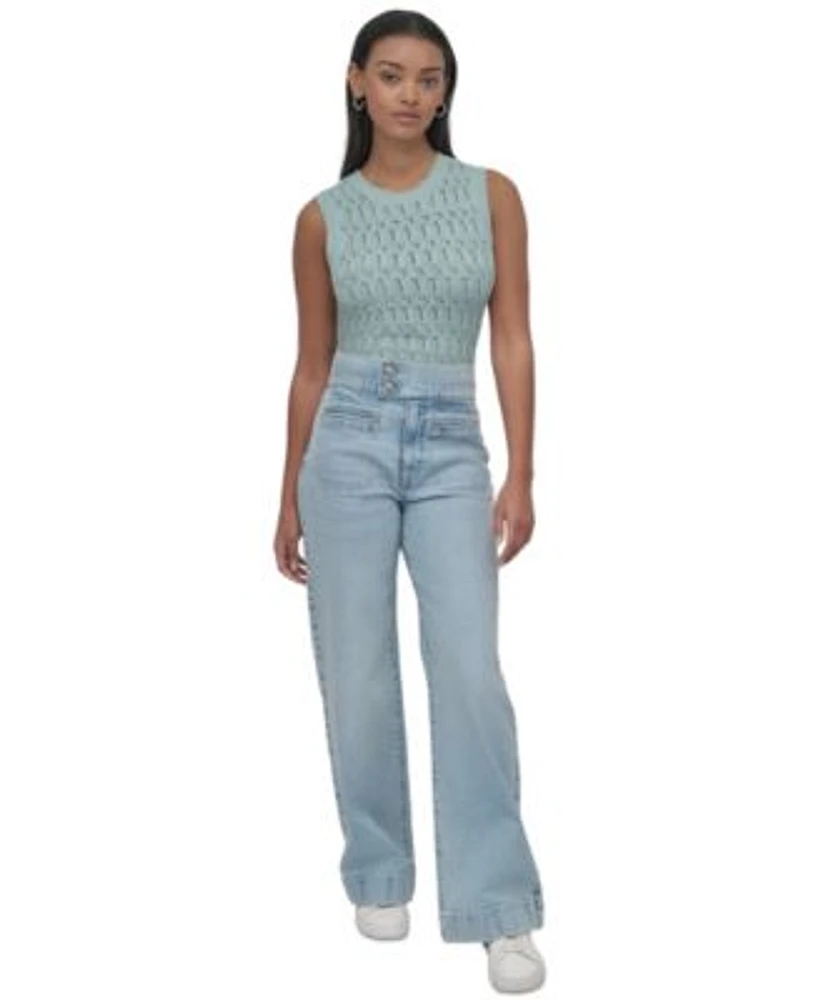 Dkny Jeans Womens Cotton Pointelle Knit Sleeveless Sweater High Rise Tab Waist Wide Leg Jeans