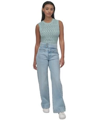 Dkny Jeans Womens Cotton Pointelle Knit Sleeveless Sweater High Rise Tab Waist Wide Leg Jeans
