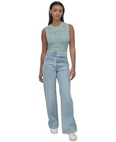 Dkny Jeans Womens Cotton Pointelle Knit Sleeveless Sweater High Rise Tab Waist Wide Leg Jeans
