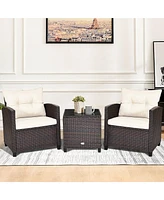 Gymax 3PCS Patio Outdoor Rattan Conversation Set Garden Yard w/ Cushions Coffee Table
