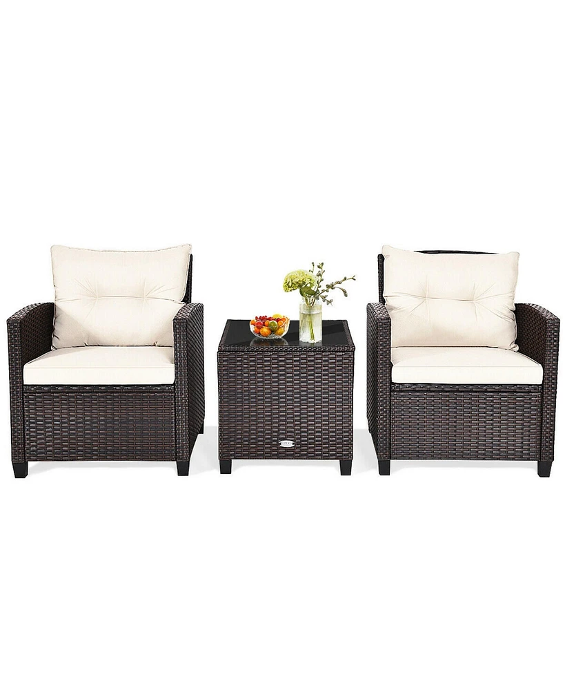 Gymax 3PCS Patio Outdoor Rattan Conversation Set Garden Yard w/ Cushions Coffee Table