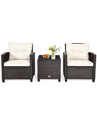 Gymax 3PCS Patio Outdoor Rattan Conversation Set Garden Yard w/ Cushions Coffee Table