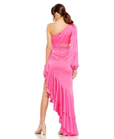 Mac Duggal Women's One Sleeve Cut Out Asymmetrical Ruffled Gown