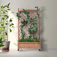 Outdoor Patio Wood Raised Garden Bed Planter Box with Trellis, Wheels, Brown, Set of 2