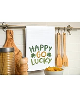 St. Patrick's Day "Happy Go Lucky" Shamrocks Waffle Weave Cotton Kitchen Dishtowel