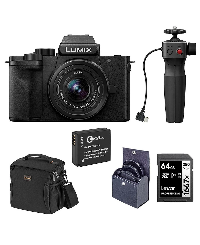 Panasonic Lumix Dc-G100D Mirrorless Camera with G Vario 12-32mm f/3.5-5.6 Asph Ois Lens and Tripod Grip, Bundle with Dmw-BLG10 Battery, 64GB Sdxc Memo