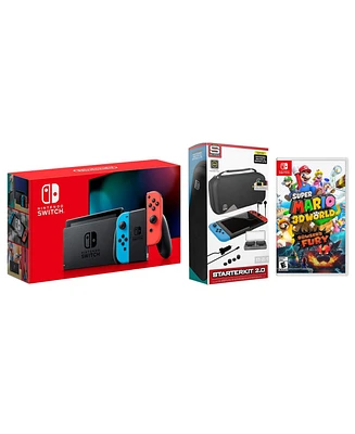 Nintendo Switch 32GB Console Neon Red/Blue Joy-Con Bundle with Surge 11-In-1 Accessory Starter Pack and Super Mario 3D World + Bowser's Fury