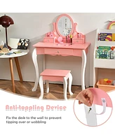 Kids Vanity Princess Makeup Dressing Table Stool Set with Mirror and Drawer