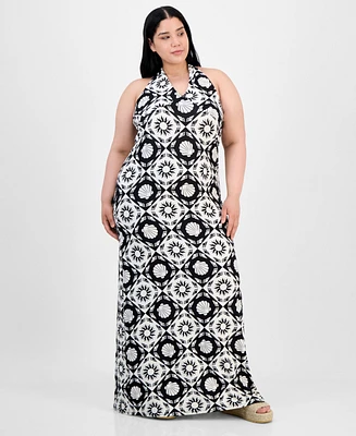 Derek Heart Trendy Plus Mixed-Print Halter Maxi Dress