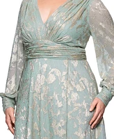 Betsy & Adam Plus V-Neck Foil Mesh A-Line Dress
