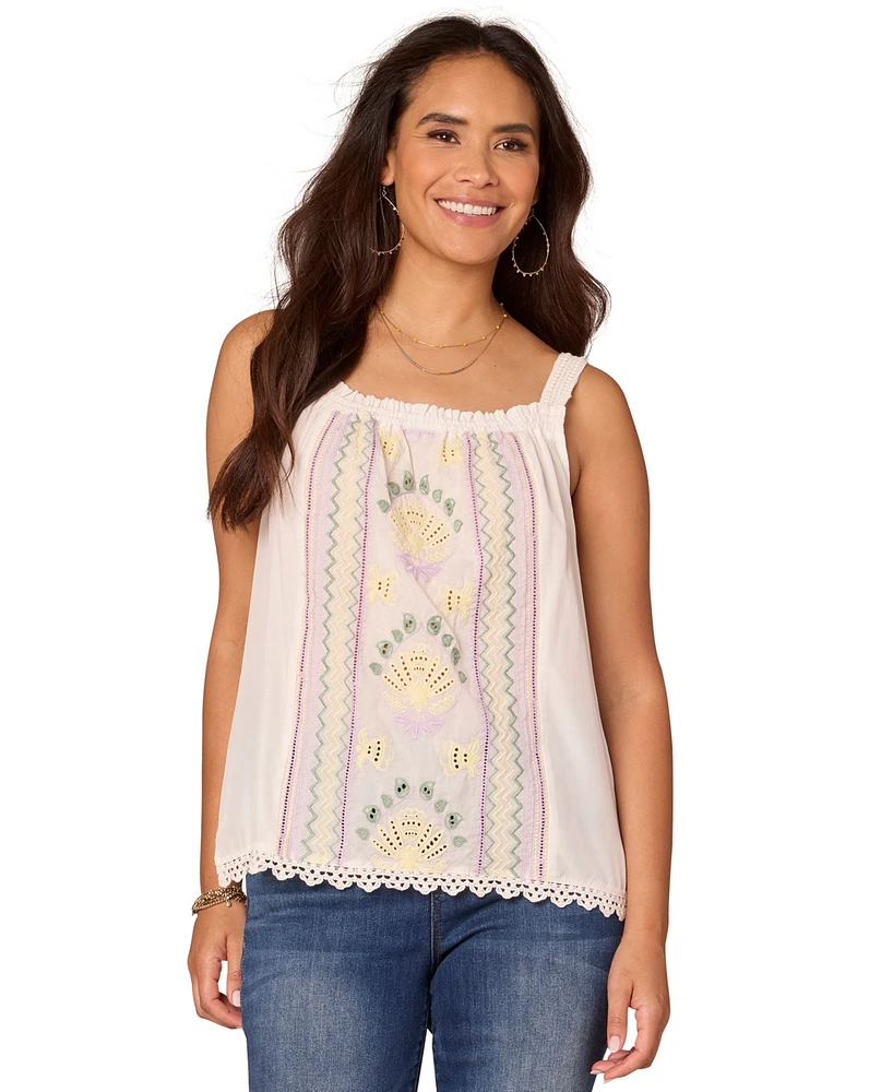 Democracy Petite Ruched Embroidered Square-Neck Top