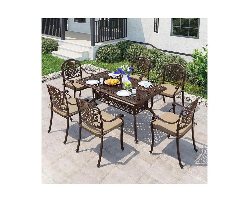 7-Piece Cast Aluminum Outdoor Patio Dining Set with Brown Cushions