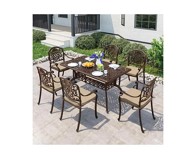 7-Piece Cast Aluminum Outdoor Patio Dining Set with Brown Cushions