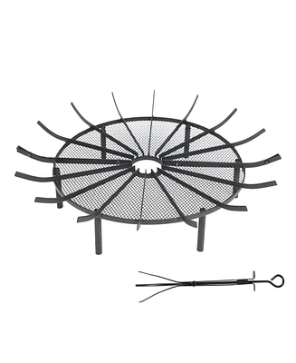 Aoodor Outdoor Fire Pit Grate Log Round 28" Kindling Tools Round Spider Wire Net Support Base Firewood Grates Complimentary Tongs Black Color