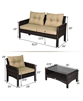 Costway 4PCS Patio Rattan Furniture Set Loveseat Sofa Coffee Table Garden W/Red Cushion