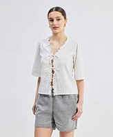 Reistor Women's Relaxed Fit Top With Ruffles and Front-Ties White