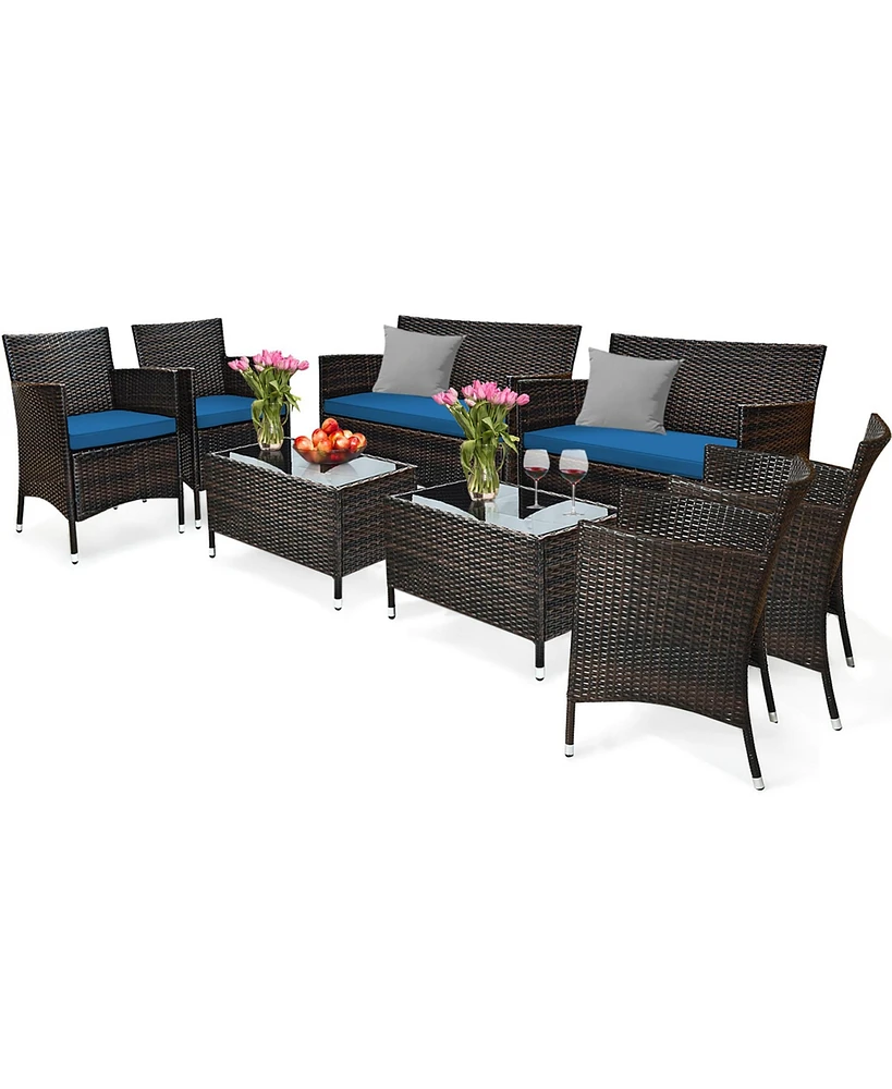 Gymax Set of Outdoor Patio Rattan Conversation Furniture Set w/ Cushion Table