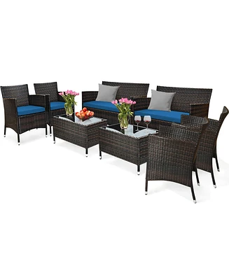 Gymax Set of Outdoor Patio Rattan Conversation Furniture Set w/ Cushion Table