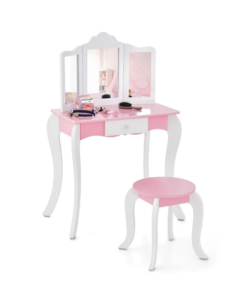 Kid's Wooden Vanity Table and Stool Set with 3-Panel Acrylic Mirror