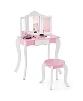 Kid's Wooden Vanity Table and Stool Set with 3-Panel Acrylic Mirror