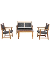 Gymax 4 Piece Outdoor Acacia Wood Furniture Set Patio Rattan Conversation Set w/ Table