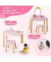 2-in-1 Children Vanity Table Stool Set with Mirror