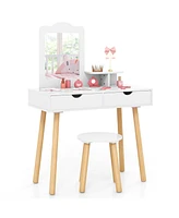 Kid Vanity Table Chair Set with Mirror and 2 Large Storage Drawers