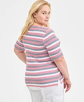 Style & Co Plus Striped Elbow-Sleeve Knit Top